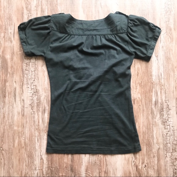 CLU Military Tux V Neck Ruched Green Top Shirt M - Picture 3 of 5